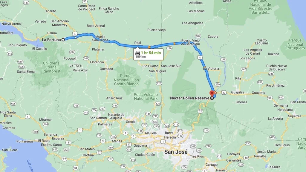 Best route from La Fortuna to Nectar Pollen Reserve