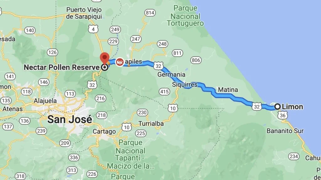 Driving directions from Limon to Nectar Pollen Reserve in Costa Rica